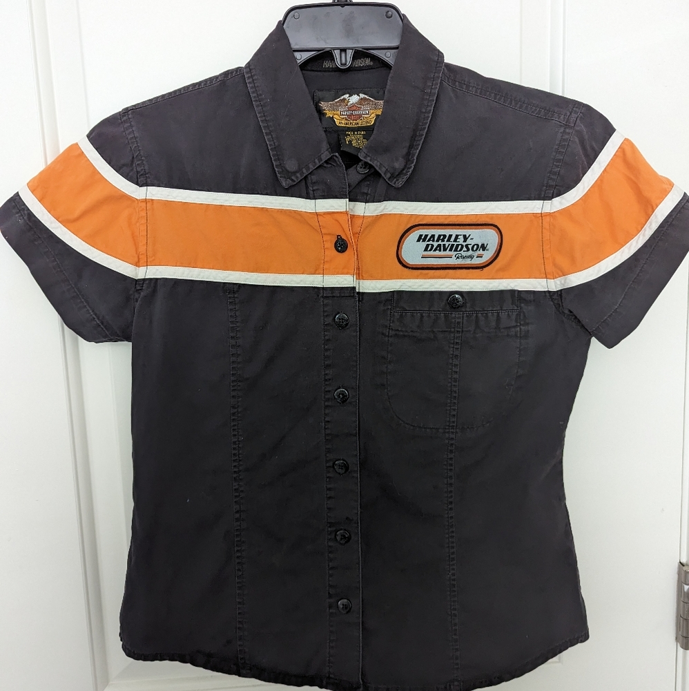 Harley Davidson racing  ladies mechanic garage button front shirt size small